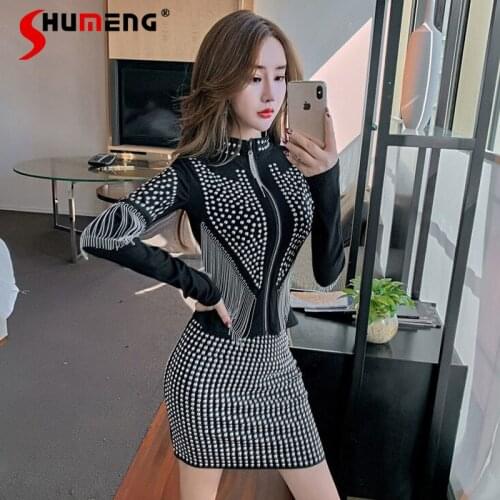 2021 Spring High Street Women Rivets Rhinestone Tassel Top Club Shirts and Blouses Sexy High Waist Cinched Waist Club Skirt Suit