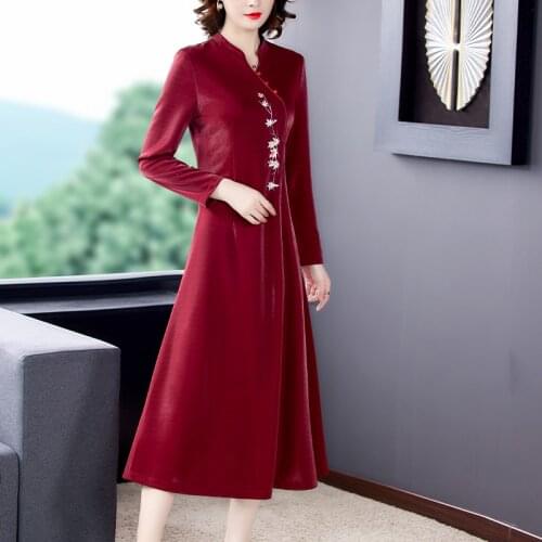 Autumn Vintage 3XL Plus Size Elegant Bodycon Midi Feast Party Dresses Spring Floral Embroidery Burgundy feast Dress Vestidos