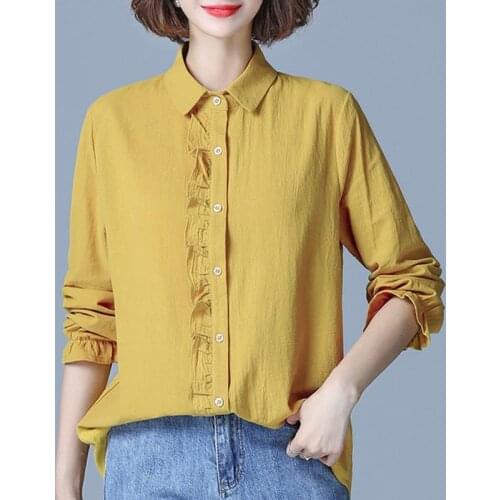 Cotton Solid Women Shirts 2021 Summer New Turn-Down Collar Loose Yellow Green Elegant All Match Office Lady Outwear Tops
