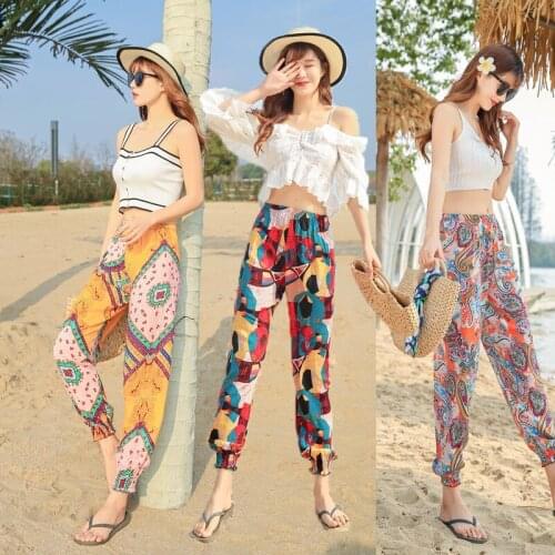 Womens Anti Mosquito Pants Cotton Silk Summer Adult Beach Pants Thin Section Knickerbockers Artificial Cotton Pants Loose