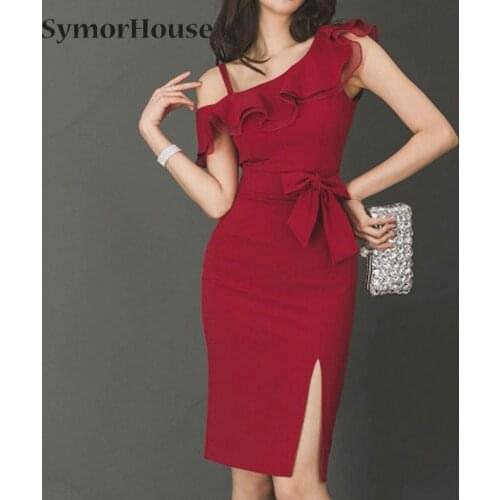 2021 Summer Party Dress Women Elegant Red Ruffle Slim Pencil Dress Bodycon Formal Work Dresses