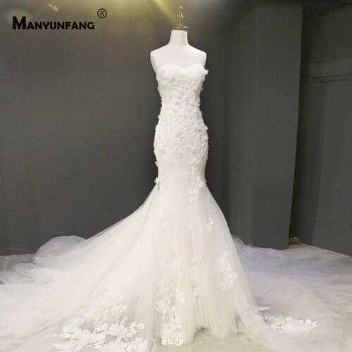 100% Real 3D Flowers Chapel Train Embroidery Appliques Tulle Strapless Bridal Gown Luxury Sleeveless Mermaid Wedding Dress