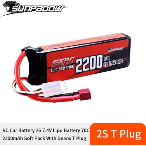 SUNPADOW 7.4V 2S Lipo Battery 40C 2200mAh Soft Pack with Deans T Plug for RC Vehicles Car Truck Tank Truggy Buggy Racing Hobby
