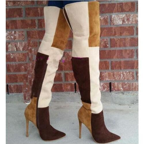 2017 Spring new patchwork denim boots pointed toe super high heels women thigh high boots 2 colors over the knee high long boots