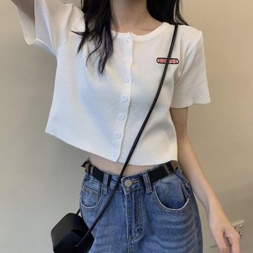 2020 Knit Crop Tops Summer Thin Single-breasted Cardigan Sweater Female Round Neck Short-sleeved Solid T-shirt