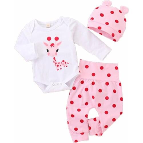 2021 Spring Summer 3PCS Cute Giraffe Print Romper Polka Dot Print Elastic Pants And Hat Sets For Baby Girl Clothes