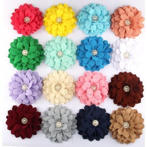 5PCS 4.2" 10CM Fashion Big High Quality Fabric Flowers With Pearl Rhinestone Center Handmade Flower For Headband Accessories