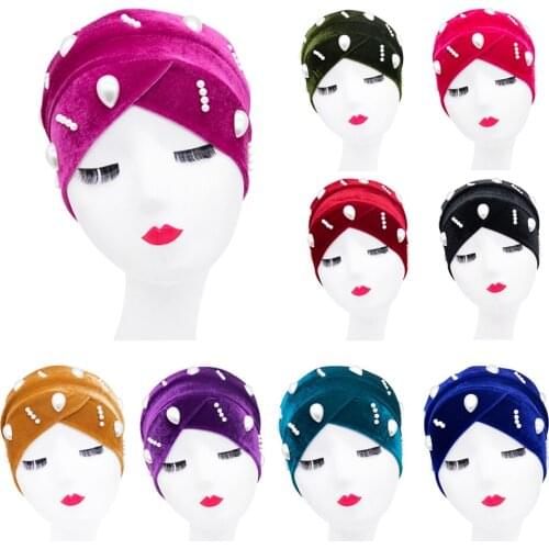 Velvet Turban Muslim Women Inner Hijab Beads Underscarf Tube Hat Chemo Cap Head Wrap Bonnet Warm Beanies Headwear Covers
