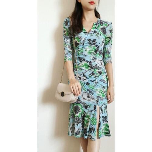 Great Elastic Blue & Green Floral Print Bodycon Dress Summer New US 2-10