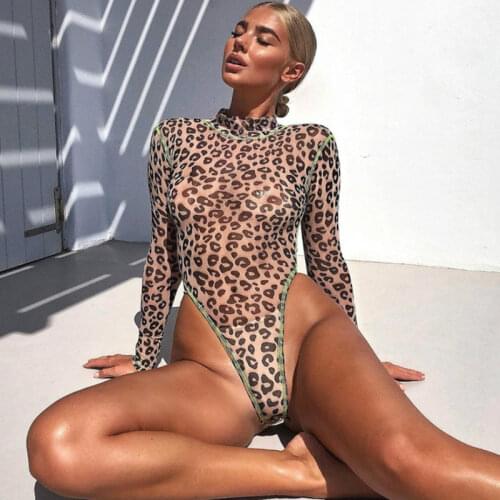 Leopard Monokini Thong High Cut Long Sleeve Bathing Suit Mesh Perspective Swimwear One Piece Swimsuit Trikini Bodysuit Maillot