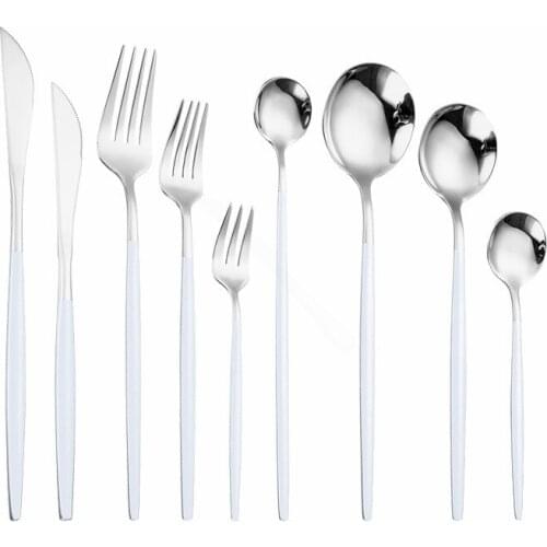 Hot White Silver Cutlery Set Stainless Steel Knife Fork Spoon Dinnerware Set Dessert Knife Fork Spoon Icespoon Kitchen Tableware