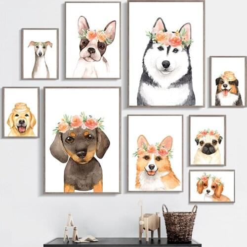 Cartoon Floral Dog Wall Art Canvas Painting Nordic Posters and Prints Animal Wall Picture Kids Baby Room Decor