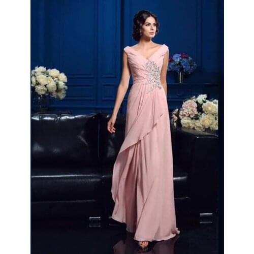 Wholesale Charming Pink Chiffon Full Length Mother of the Bride Dresses Deep V Neckline Beaded Wedding Party Gowns Back Out