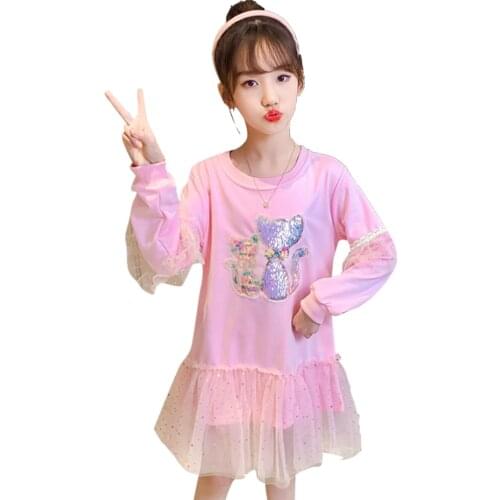 Teenage Girls Dress Sequin Cat Party Girl Dress Mesh Children Dresses Casual Style Girls Clothing 6 8 10 12 14
