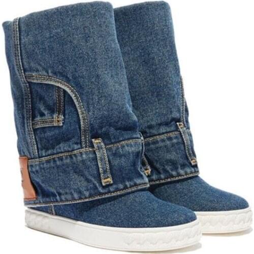 Drop Shipping New Girls Jeans 8 cm Hidden Wedge Platform Short Boots Woman Casual Round Toe Slip On Fold Mid-calf Boots Shoes