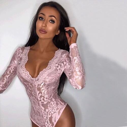 Pink Lace Bodysuit Long Sleeve Tops Autumn Women Bodycon Rompers Mujer Bodys Transparent Lingerie Bodysuits Jumpsuit