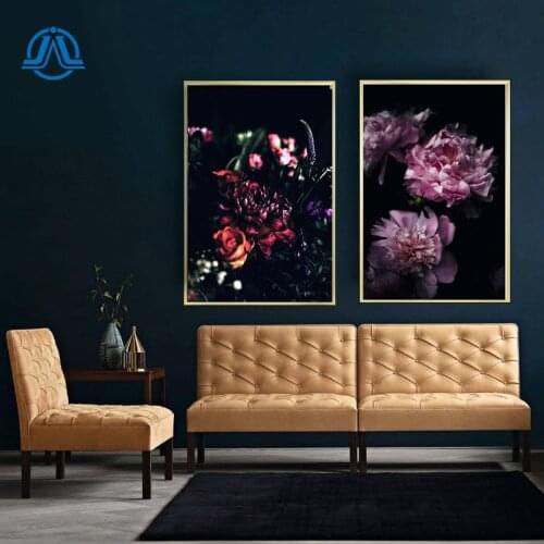 Scandinavian Style Peony Flower Canvas Print Large Wall Art Posters and Prints Dark Poster Flower Wall Pictures for Living Room