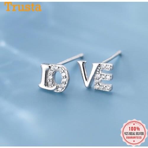 Trustdavis Genuine Fine 925 Sterling Silver Asymmetric Love Dazzling CZ Stud Earring For Women Fine Jewelry Brincos DA489