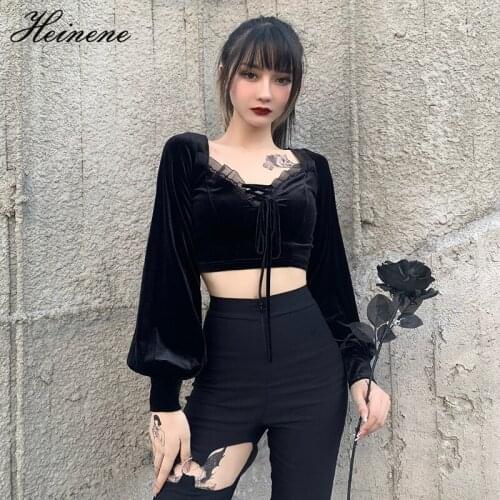 Heinene Goth Vintage Sexy Lace Black Tops Bandage Puff Sleeve Velvet T Shirt Harajuku Aesthetic Women Hollow Out Cropped Tops