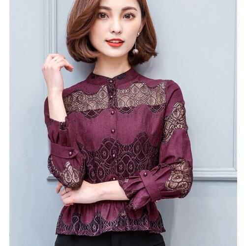 Vintage Ruffle Lace Top Tunic Women Long sleeve Button Up Shirt Black White Elegant Turtleneck Office Ladies Blouse Casual