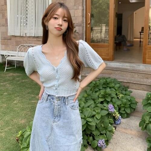 Summer Knit Cardigan for Ladies New Puff Sleeve Hollow Out Tee Shirt Solid Color Women Elegant V Neck Slim Tops