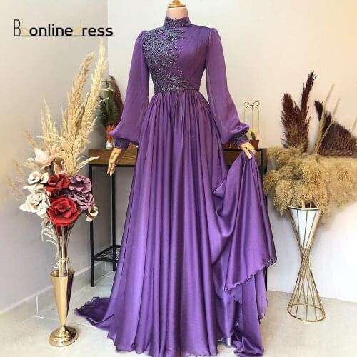 Bbonlinedress A Line Purple Caftan Evening Dress High Waist Beaded Muslim Prom Dresses Elegant Pleated Arabic Party Dresses