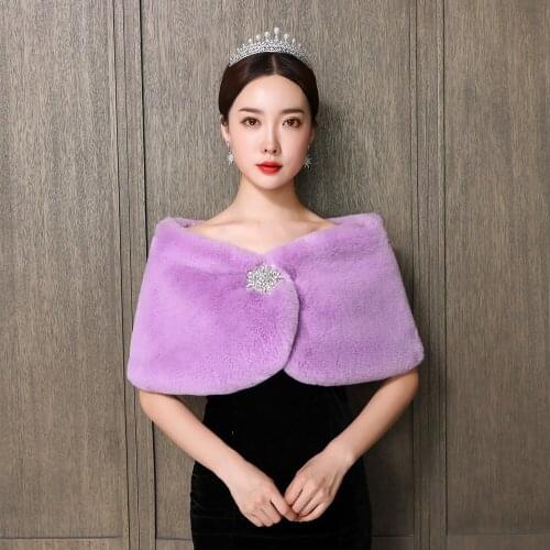 Lavender Faux Fur Party Shawl Winter Warm Bridal Bolero Wedding Coat Wedding Diamond Brooch Bridal Wrap Party Cape