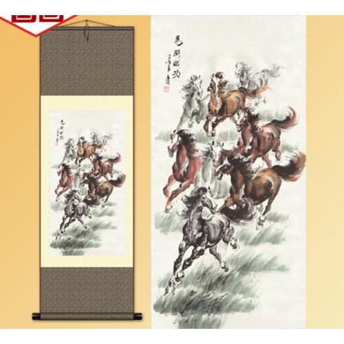 1pc Home Decoration Chinese Silk Scroll Painting Horse Gongbi Painting 135x45cm