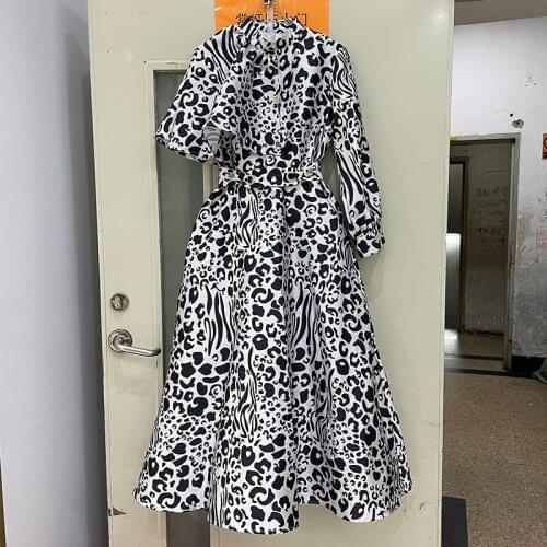 2021 Autumn New Long Dress Women Irregular Long Sleeves Leopard Printed Vintage Elegant Ruffles Dresses