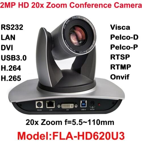 2MP Broadcast and Conference PTZ Camera 20x Optical Zoom, 1080P 60fps, USB 3.0, DVI, IP Streaming, 54.7 degree FOV