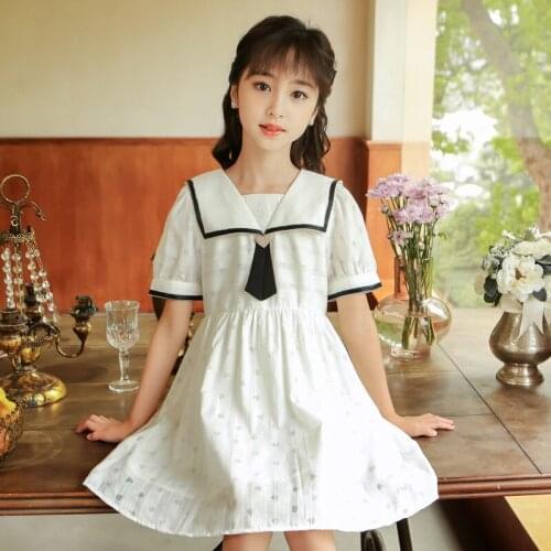 White Dresses For Little Girls Teenager Kids Sailor Collar Comfort Clothing 2021 Summer New Cute Lovely Style Short Sleeve Dress