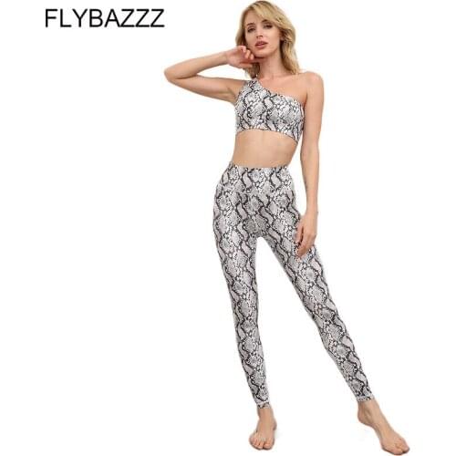 Seamless Women Snake Print Sports Sets One Shoulder Gym Clothing Fitness Padded Up Bra Tummy Control Leggings Yoga Set Sportwear