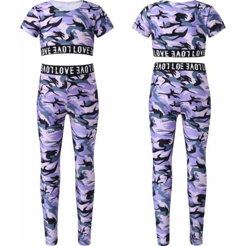 Girls Kids Workout Gymnastics Outfit Sport suit Childrens Sets Activewear Camouflage Sport Top and Pants Leggings Sport Outfits