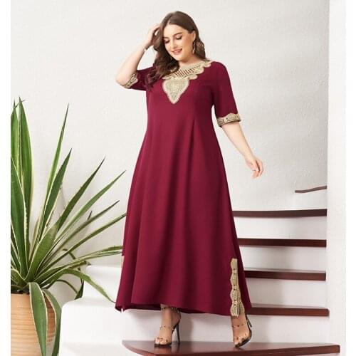 Womens Plus Size Dress Vintage Lace Patchwork Split Hem Solid Half Sleeve Maxi Party Prom Long Maxi Red Suelto Dresses