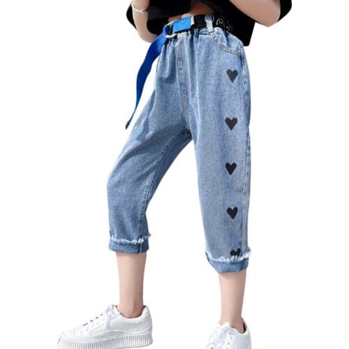 Jeans For Girls Heart Pattern Girl Child Jeans Lace Floral Jeans Kids Summer Childrens Clothing 6 8 10 12 14
