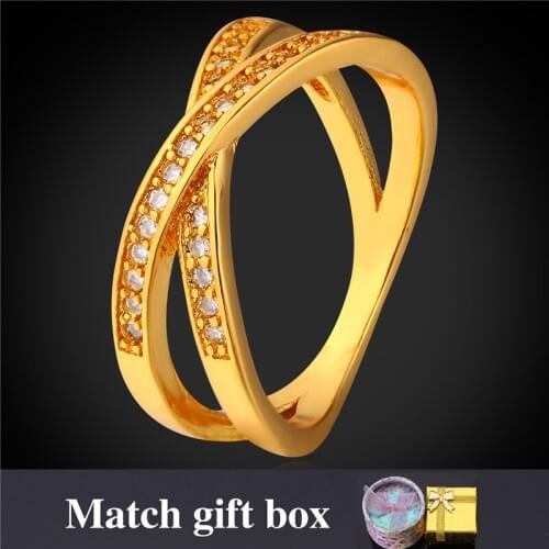 Gold Color Rings For MenWomen Fashion Jewelry With Gift Box Wholesale Intersect Zirconia Ring R1686