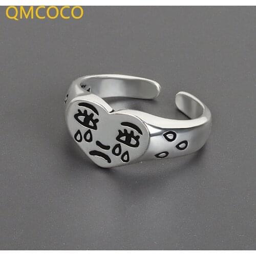QMCOCO Vintage 925 Silver Metal Punk Cry Face Heart Black Open Round Rings for Women Men Party Jewelry Gifts