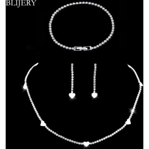 BLIJERY Simple Rhinestone Crystal Bridal Jewelry Sets Silver Color Heart Choker Necklace Earrings Bracelet Wedding Jewelry Sets
