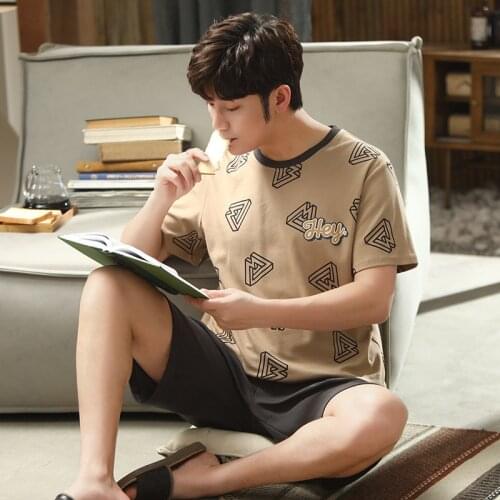 Summer mens pajamas short-sleeved knitted cotton Korean casual summer thin style comfortable home two-piece outer wear suit