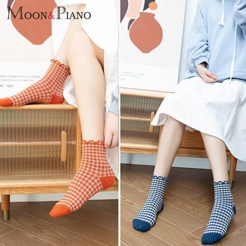 Sweet Woman Socks Fashion Cute Plaid Frilly Lace Korean Retro Style Comfortable Breathable Cotton Cute Funny Lady Short Sock