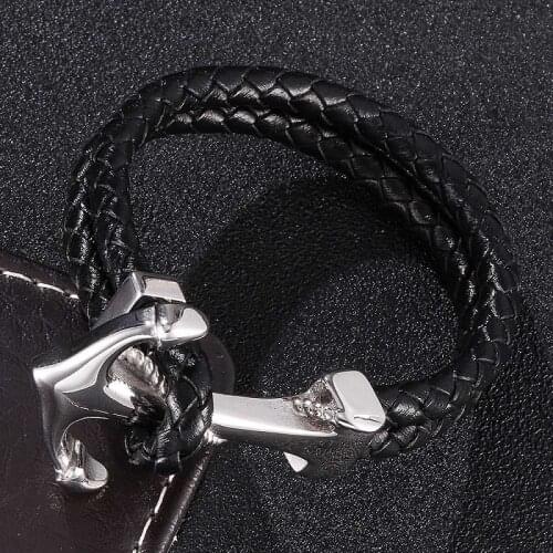 2020 Punk Male Jewelry Stainless Steel Anchor Black Leather Braided Bracelet Men Fashion Charm Bracelets Erkek Bilekli ST767