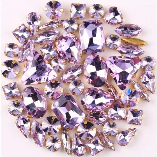 Gold claw setting 50pcs/bag shapes mix Violet glass crystal sew on rhinestone wedding dress shoes bags diy trim
