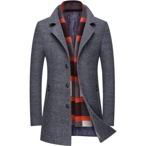 New Men Winter Wool Coat Slim Fit Thick Wool Blends Men Long Trench Coat Fashion Grey Woolen Jacket Scarf Collar Warm Overcoat