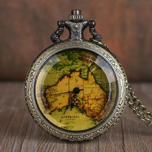 New Arrivals Vintage American Map Quartz Pocket Watch Chain Pendant Necklace Men Fob Watch Gift