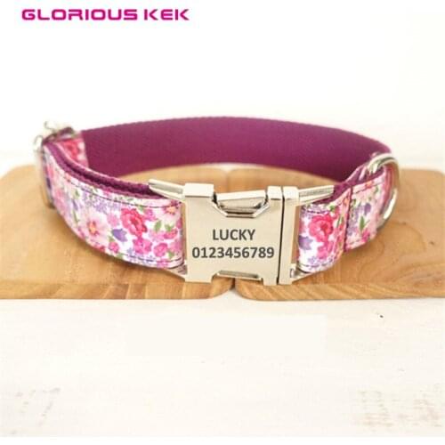 Pet Dog Collar and Leash Purple Flowers Designer Dog Collar and Lead Set Personalized Adjustable Pet Collars for Pitbulls XS-XL