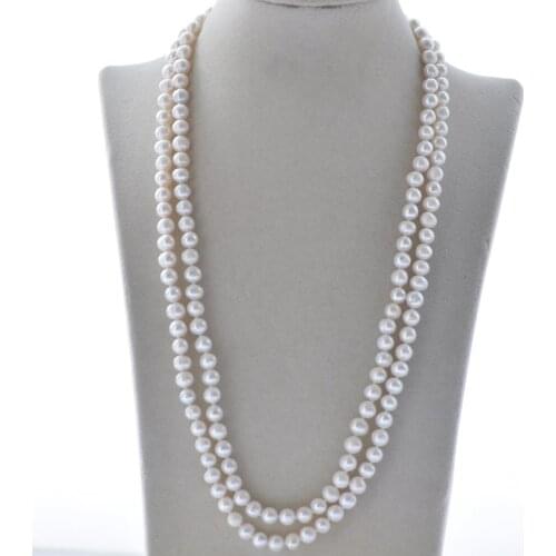 Z10576 2Row 22" 8mm White Black Round Freshwater Pearl Necklace CZ