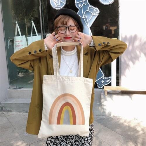Rainbow Cotton Canvas Bag Womens Casual Shoulder Bags Reusable Large Capacity Tote Bags Student Book Bag Lady Handbag