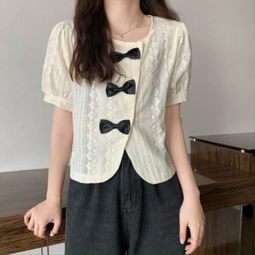 Shirts Design Sense Niche Bowknot Short-sleeved Blouse Womens Summer New Korean Style Loose Short Wild Shirt