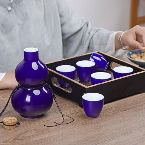 Antique white rice wine empty bottle jar sealed Chinese household ceramic gourd pot cup baijiu set Japanese sake wineware