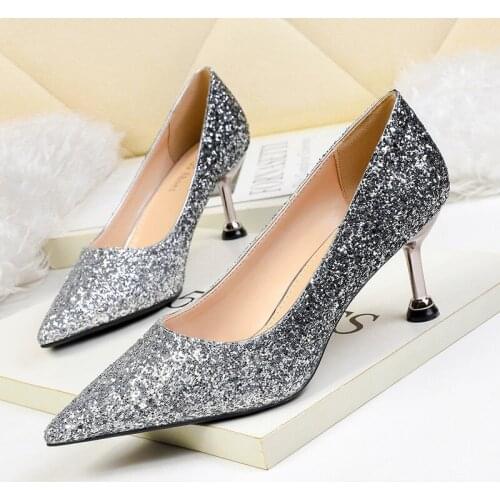 Women pumps Sequined Cloth Slip On 6.5CM Thin Heels High heels Pointed Toe Rhinestones Bling Shallow women shoes size 35-42
